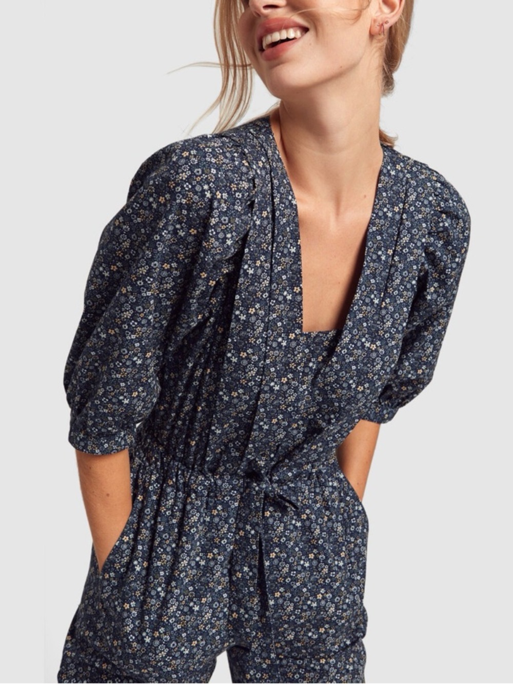 La Vie Rebecca Taylor Midnight Navy Blue Floral Poplin Jumpsuit